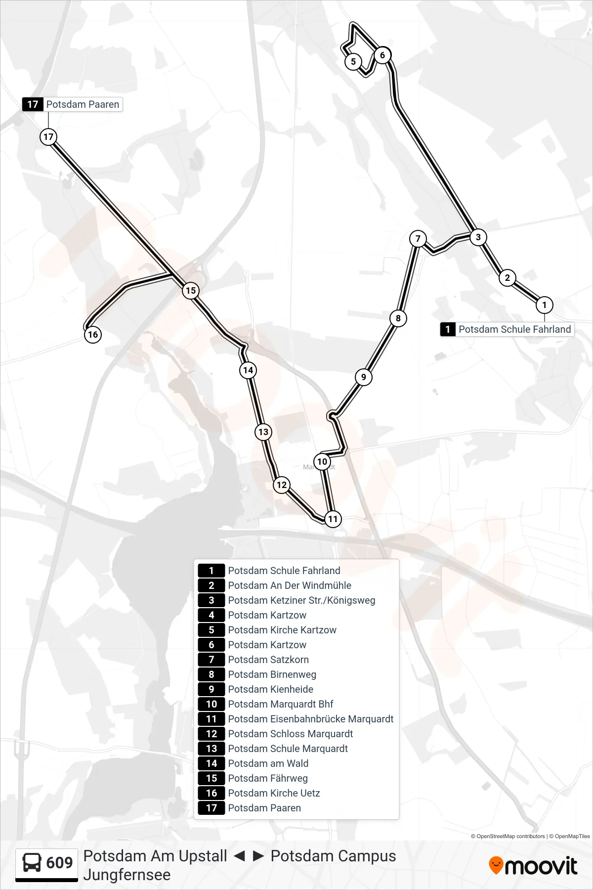 Linie 609 (Bus) Richtung Potsdam Paaren: Route und Haltestellen auf der Karte