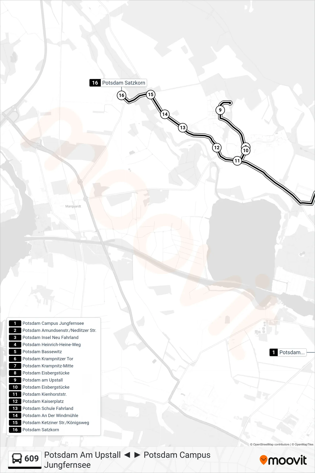 Linie 609 (Bus) Richtung Potsdam Satzkorn: Route und Haltestellen auf der Karte