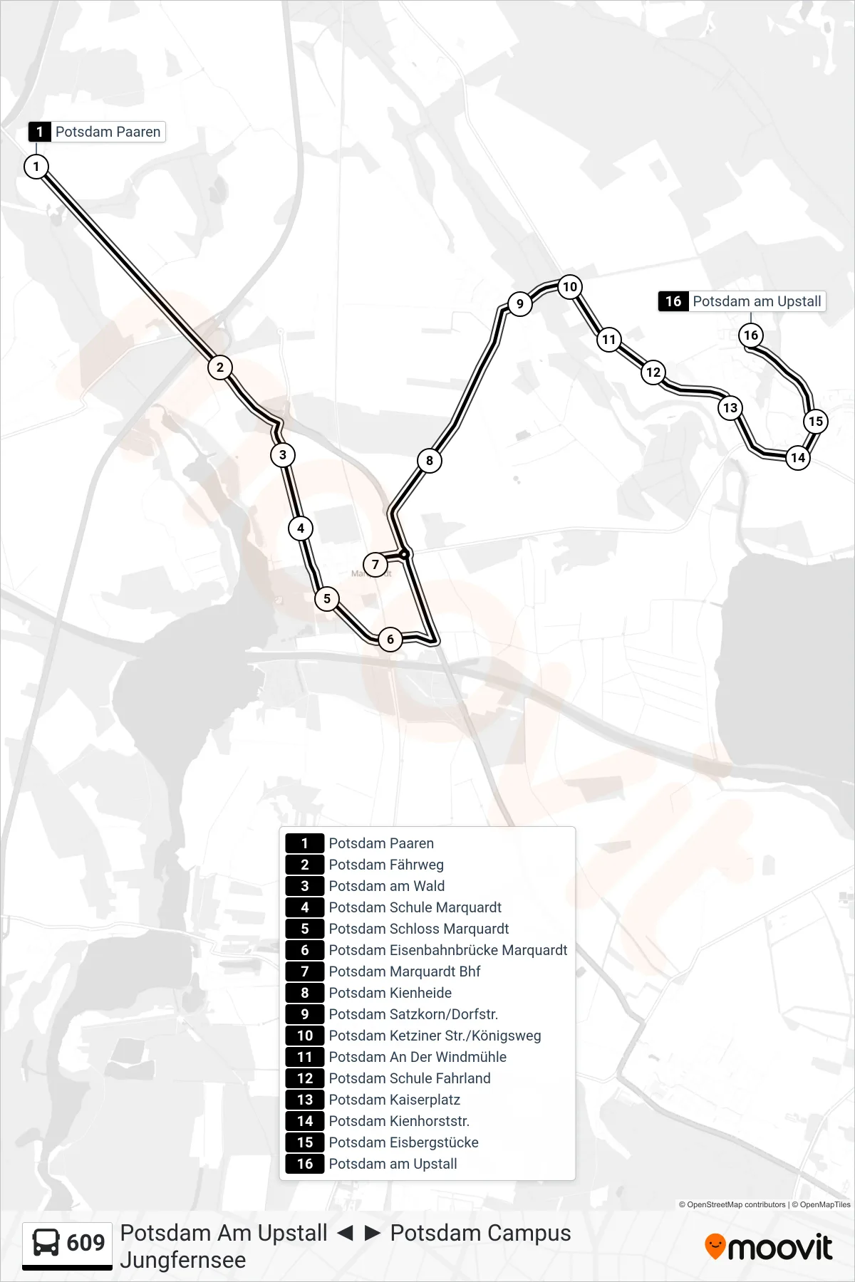 Linie 609 (Bus) Richtung Potsdam am Upstall: Route und Haltestellen auf der Karte