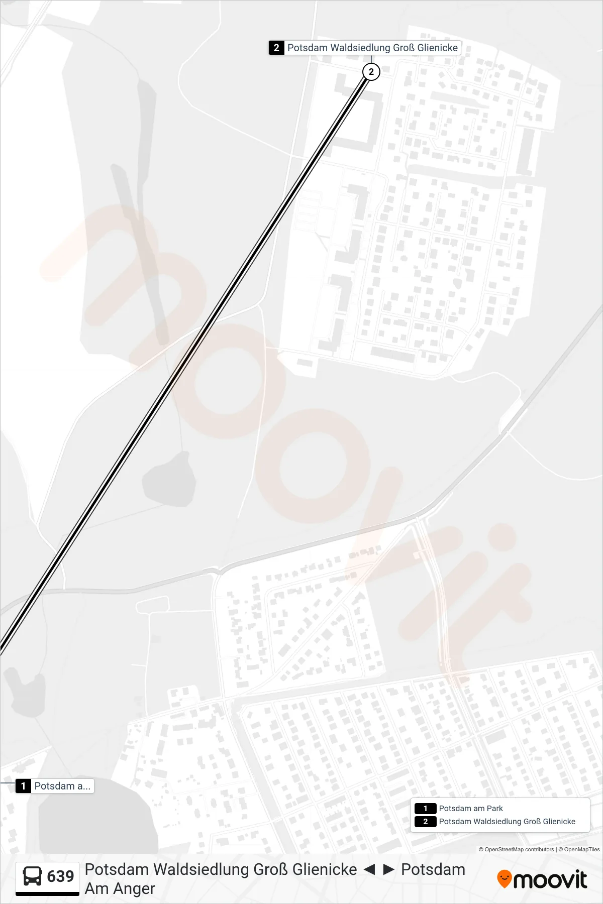 639 bus Line (Potsdam Waldsiedlung Groß Glienicke) route and stops on a map