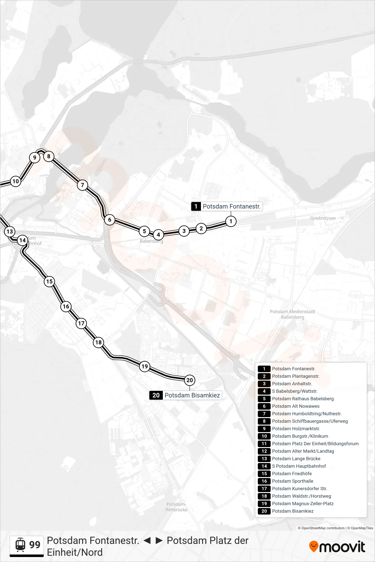 99 light rail Line (Potsdam Bisamkiez) route and stops on a map