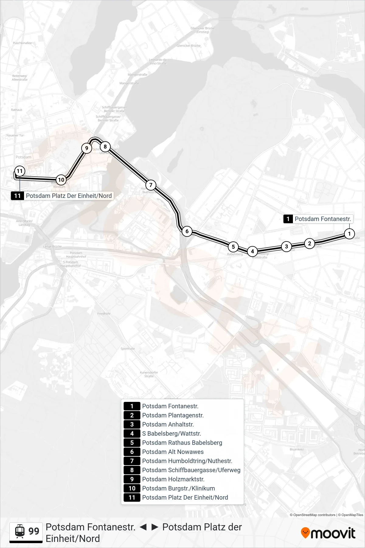 Linie 99 (Straßenbahn) Richtung Potsdam Platz Der Einheit/Nord: Route und Haltestellen auf der Karte