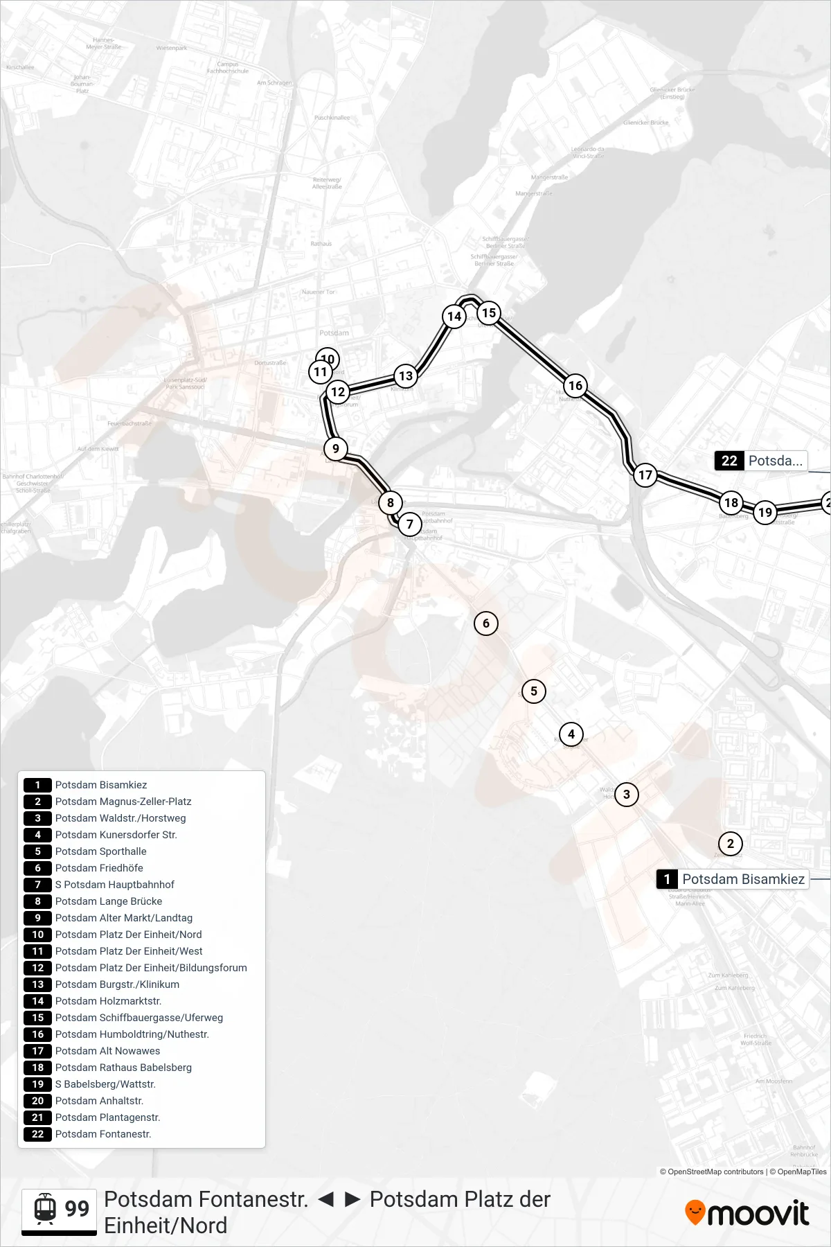 Linie 99 (Straßenbahn) Richtung Potsdam Fontanestr.: Route und Haltestellen auf der Karte