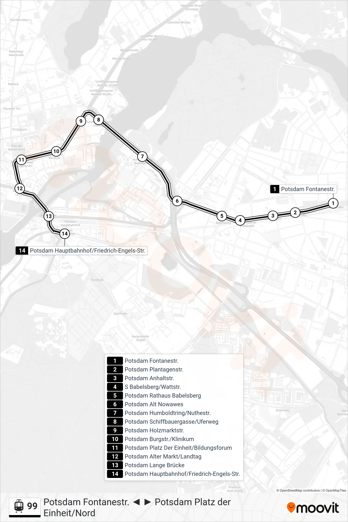 Linie 99 (Straßenbahn) Richtung Potsdam Hauptbahnhof/Friedrich-Engels-Str.: Route und Haltestellen auf der Karte