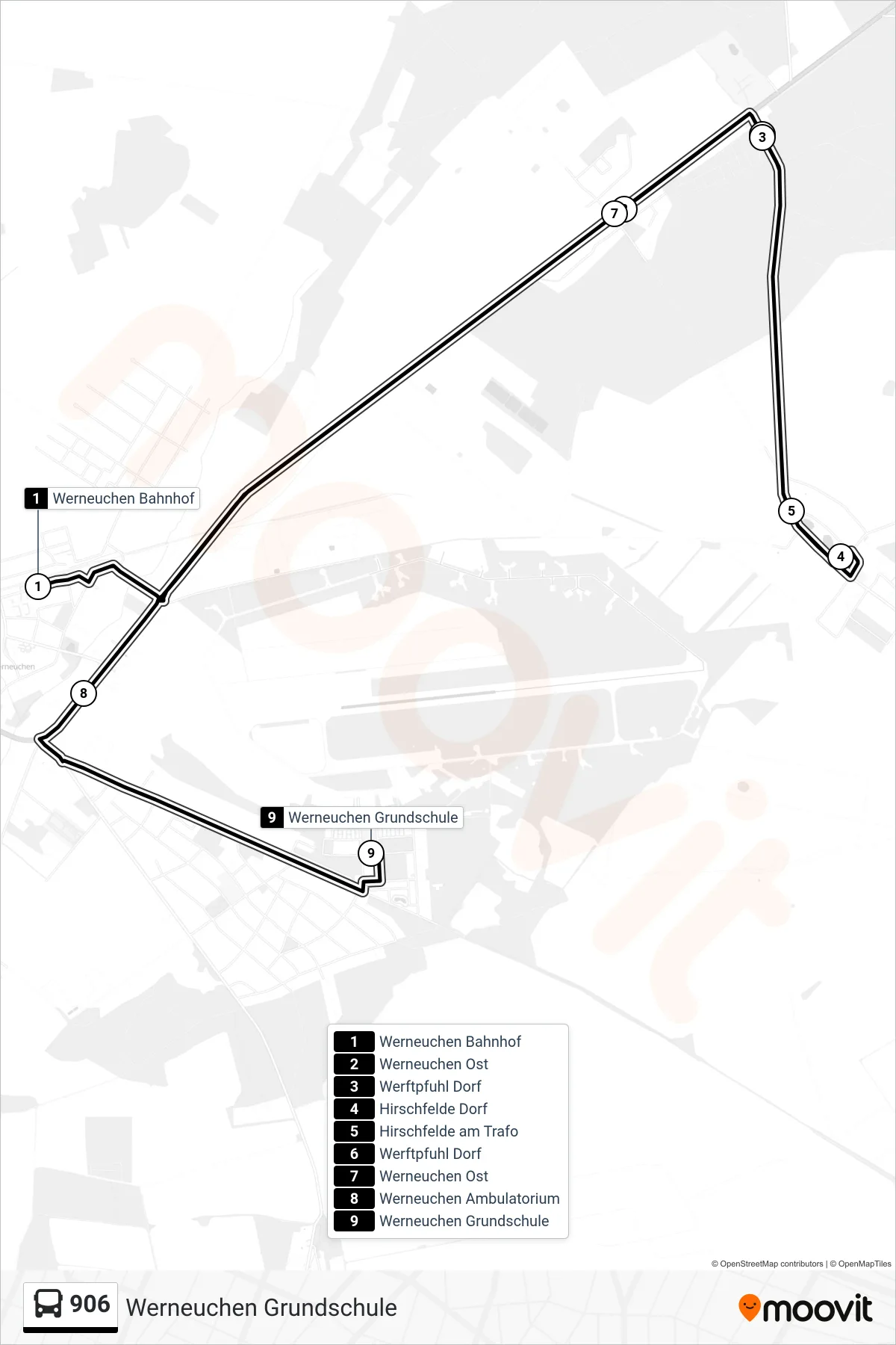 906 bus Line (Werneuchen Grundschule) route and stops on a map