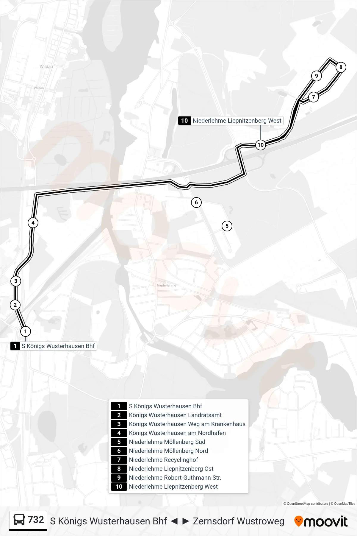 Linie 732 (Bus) Richtung Niederlehme Liepnitzenberg West: Route und Haltestellen auf der Karte