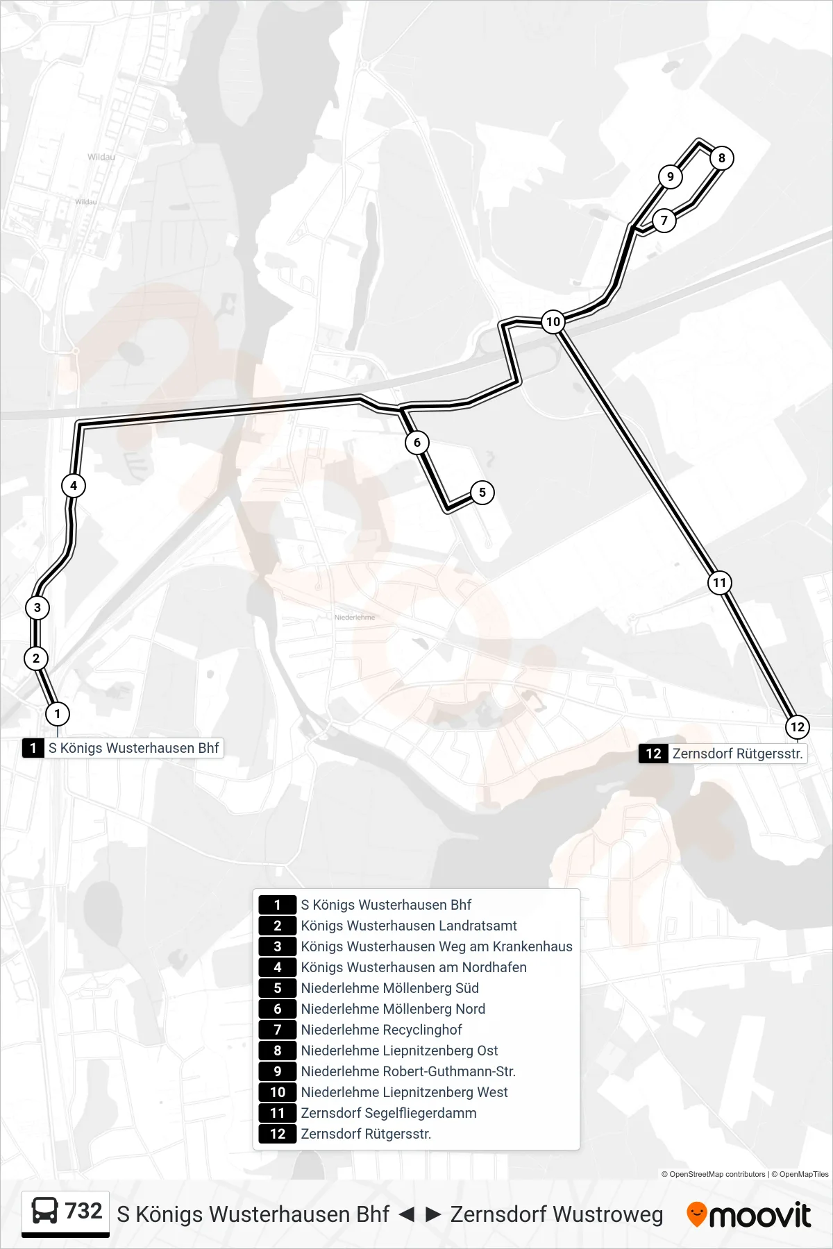 Linie 732 (Bus) Richtung Zernsdorf Rütgersstr.: Route und Haltestellen auf der Karte