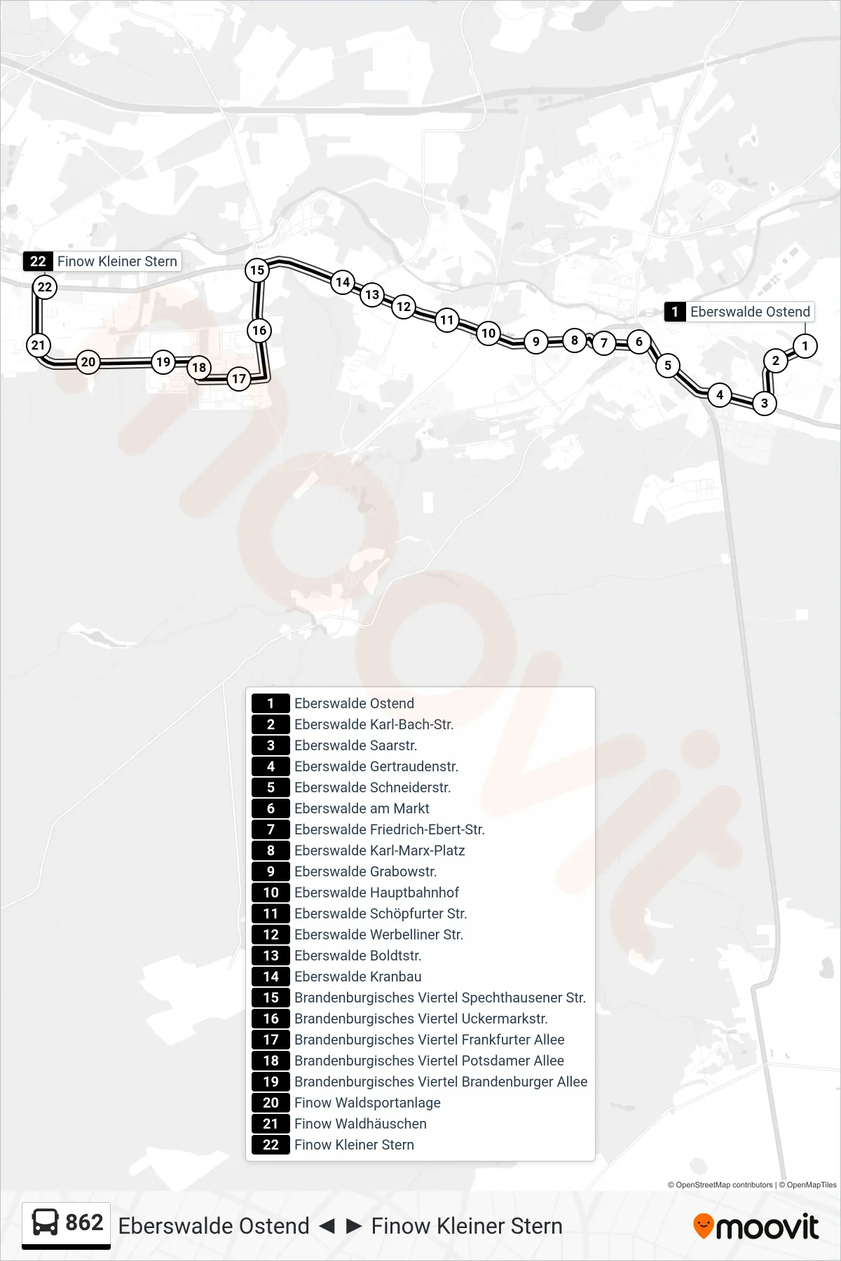 Linie 862 (Bus) Richtung Finow Kleiner Stern: Route und Haltestellen auf der Karte
