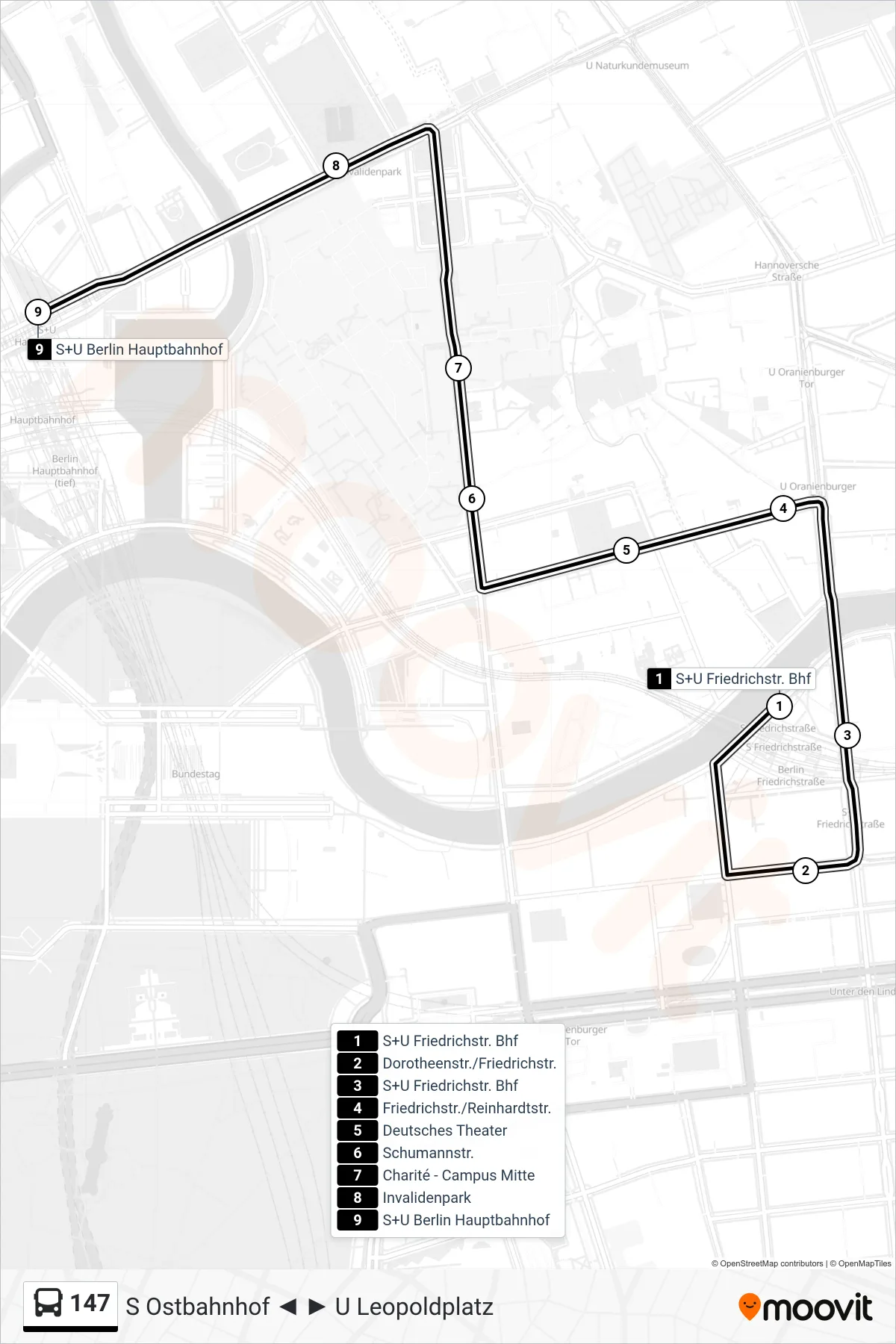 Linie 147 (Bus) Richtung S+U Berlin Hauptbahnhof: Route und Haltestellen auf der Karte