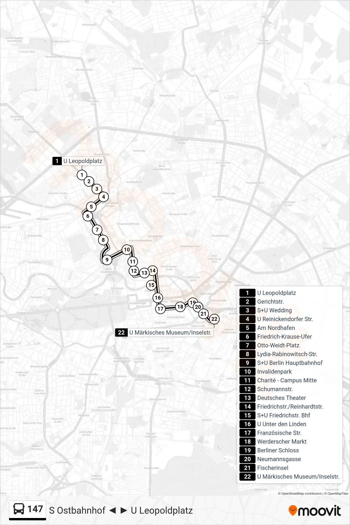 147 bus Line (U Märkisches Museum/Inselstr.) route and stops on a map