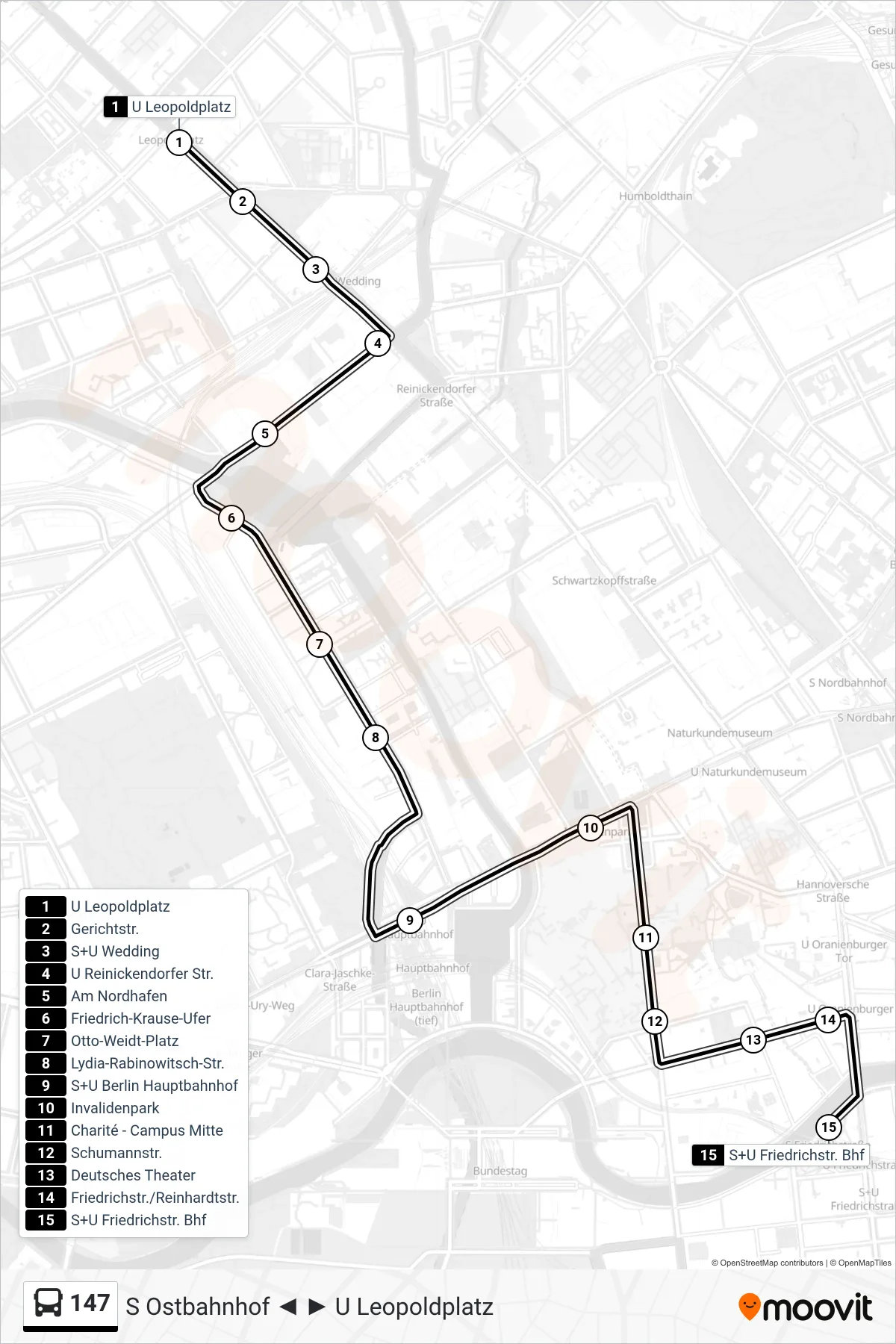 Linie 147 (Bus) Richtung S+U Friedrichstr. Bhf: Route und Haltestellen auf der Karte