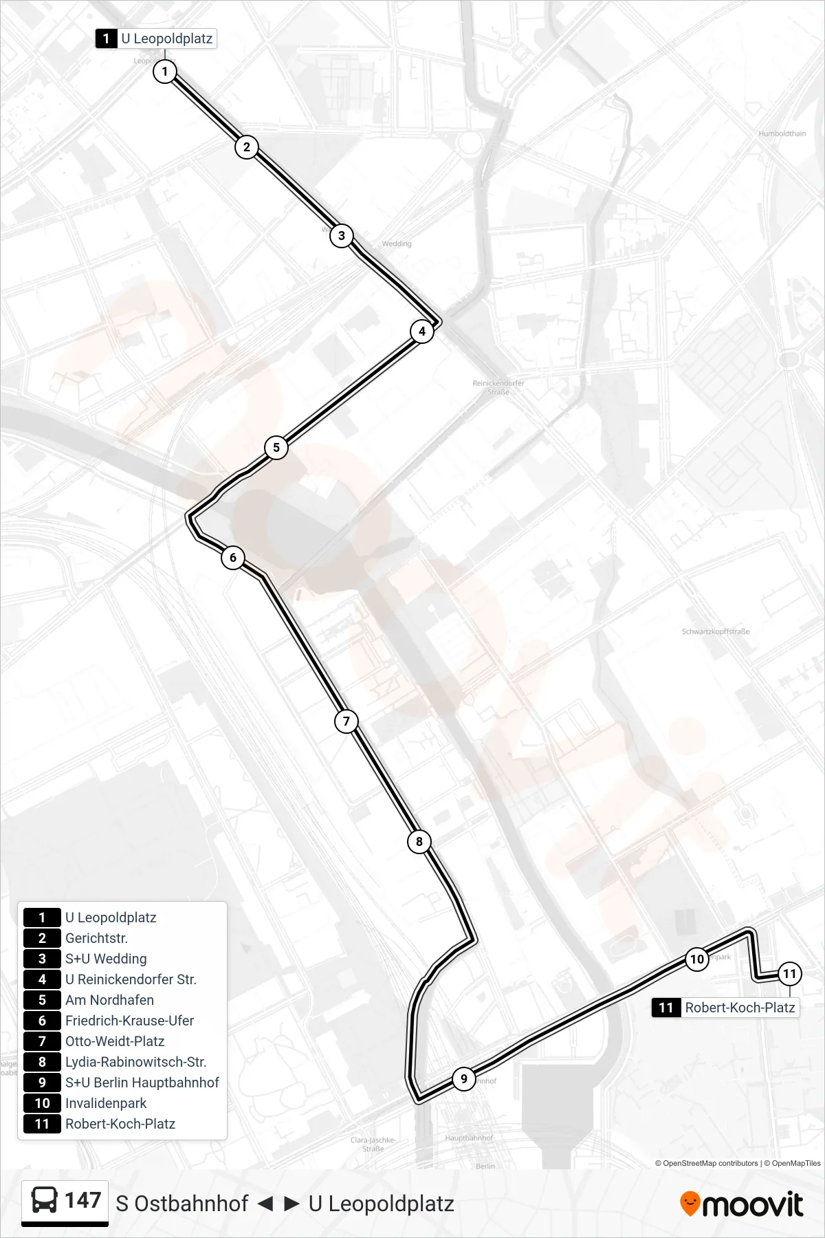 Linie 147 (Bus) Richtung Robert-Koch-Platz: Route und Haltestellen auf der Karte