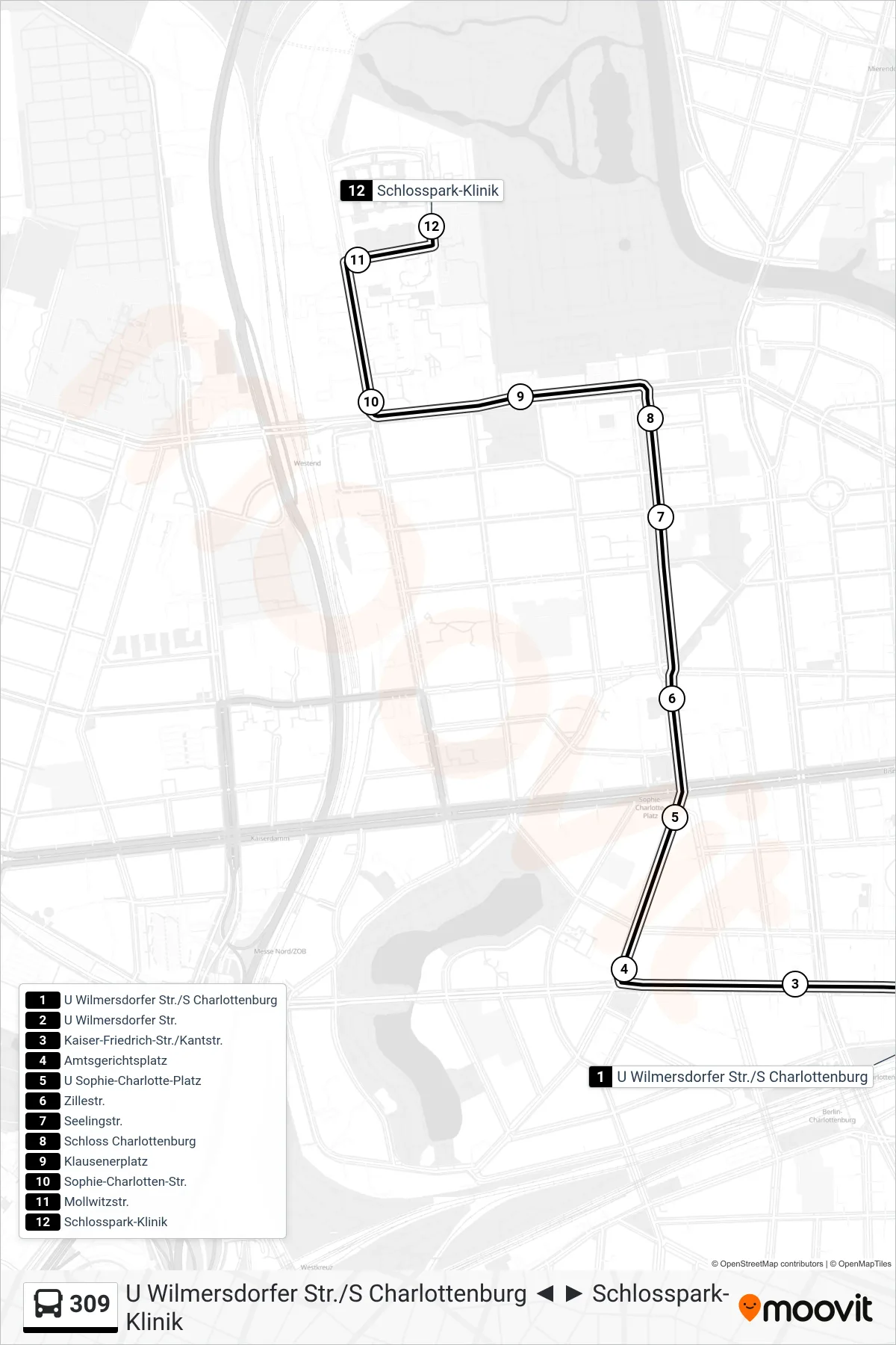 Linie 309 (Bus) Richtung Schlosspark-Klinik: Route und Haltestellen auf der Karte