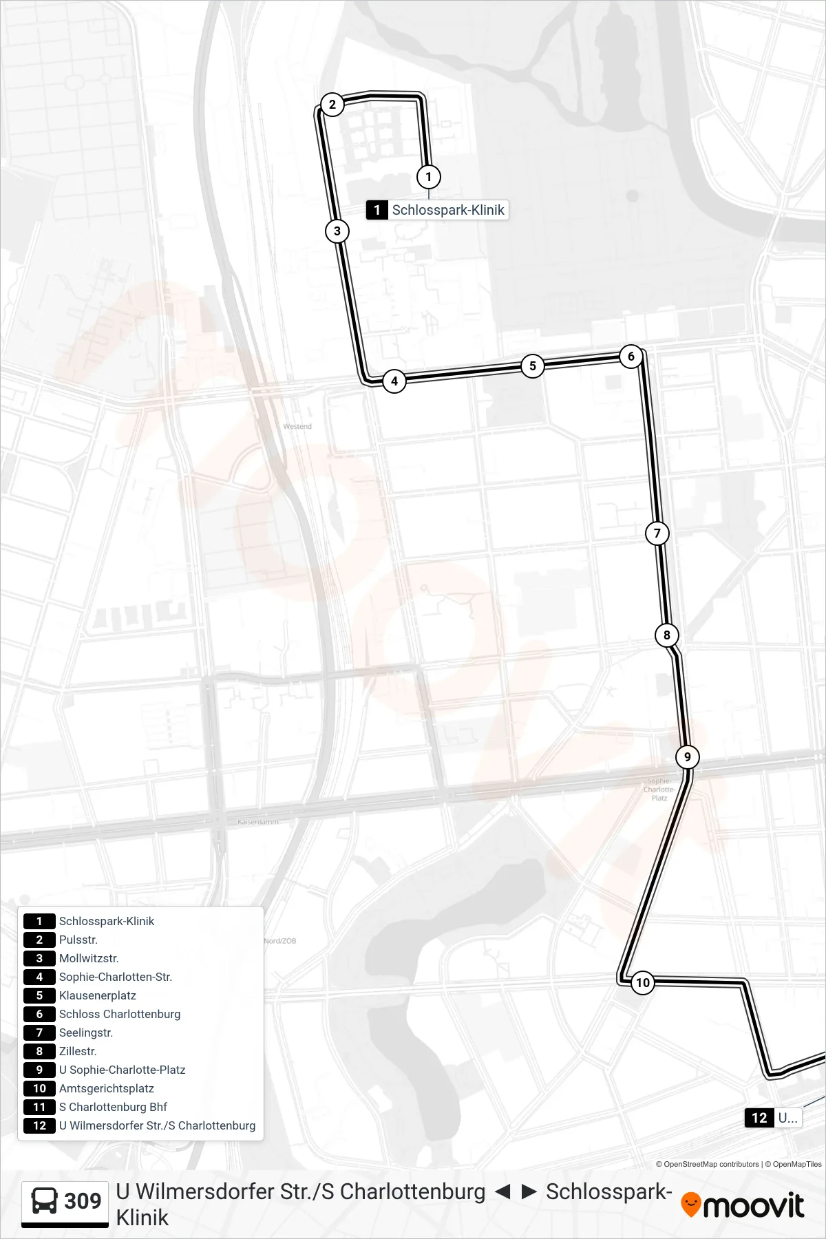 Linie 309 (Bus) Richtung U Wilmersdorfer Str./S Charlottenburg: Route und Haltestellen auf der Karte
