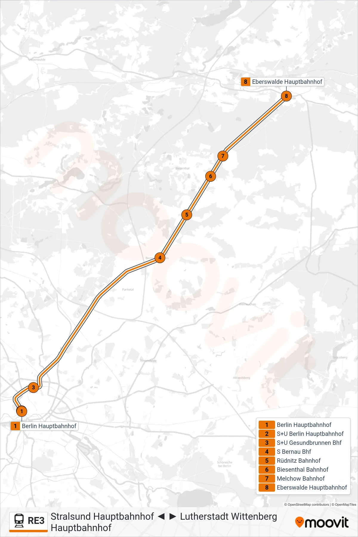 Linie RE3 (Bahn) Richtung Eberswalde Hauptbahnhof: Route und Haltestellen auf der Karte