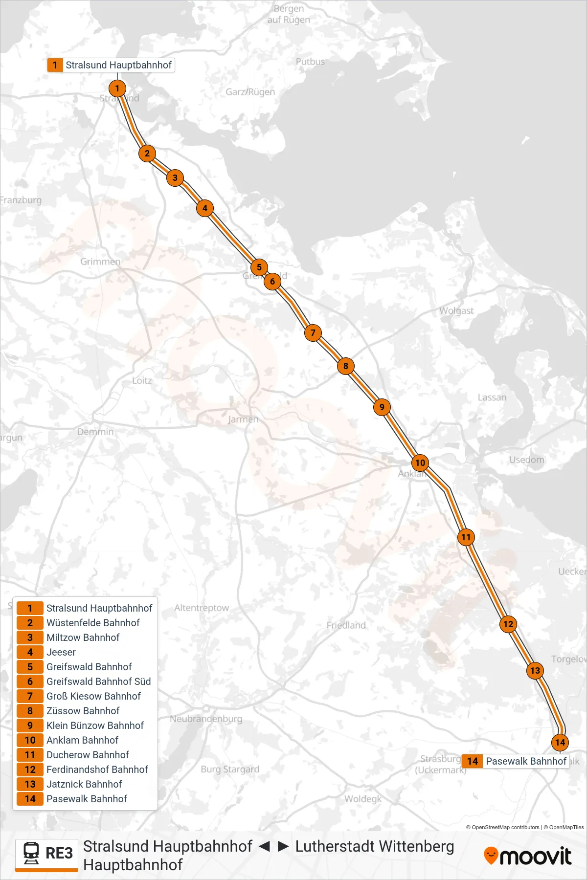 Linie RE3 (Bahn) Richtung Pasewalk Bahnhof: Route und Haltestellen auf der Karte