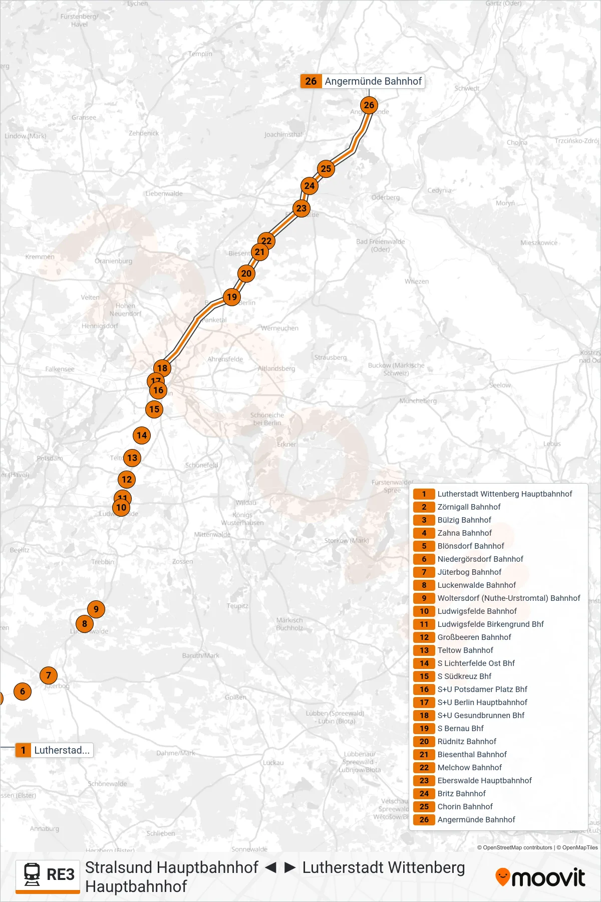 RE3 train Line (Angermünde Bahnhof) route and stops on a map