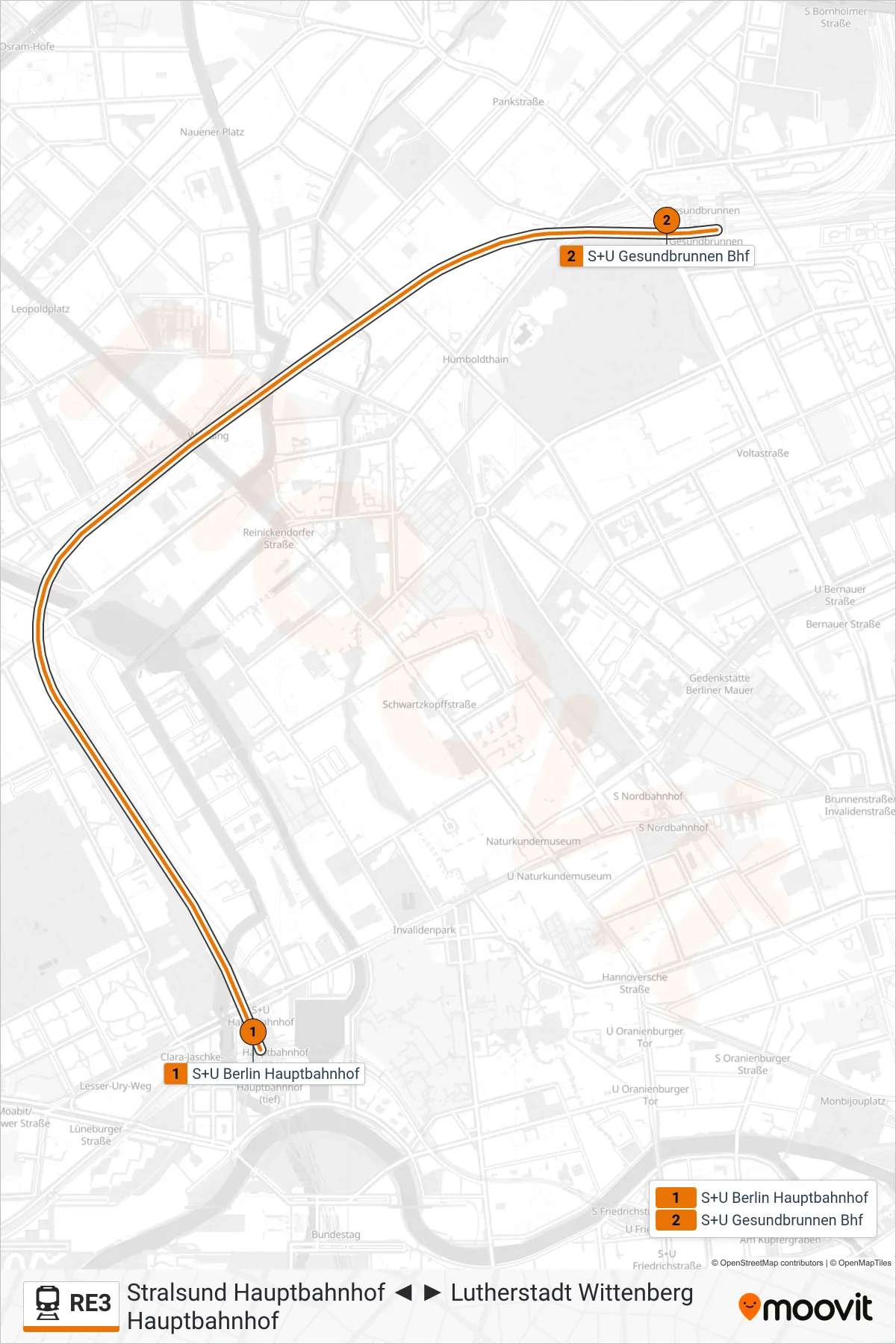 RE3 train Line (S+U Gesundbrunnen Bhf) route and stops on a map