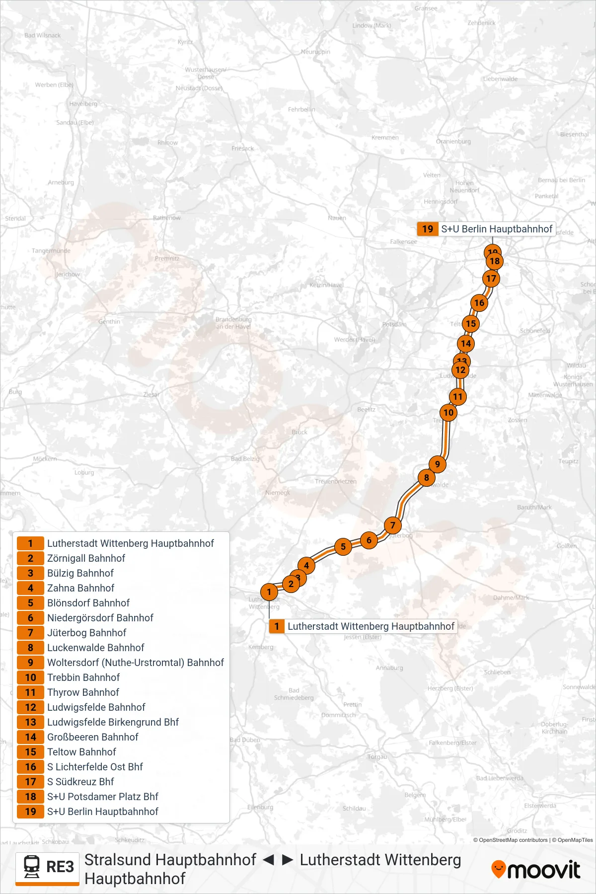 Linie RE3 (Bahn) Richtung S+U Berlin Hauptbahnhof: Route und Haltestellen auf der Karte