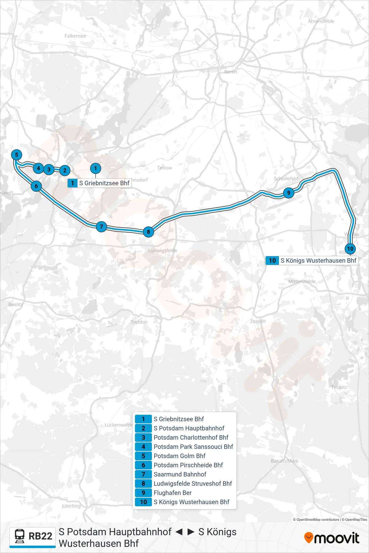 Linie RB22 (Bahn) Richtung S Königs Wusterhausen Bhf: Route und Haltestellen auf der Karte