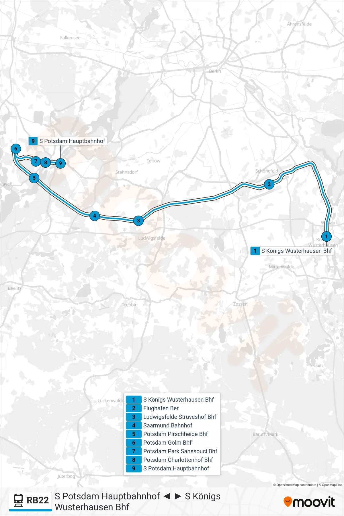 Linie RB22 (Bahn) Richtung S Potsdam Hauptbahnhof: Route und Haltestellen auf der Karte