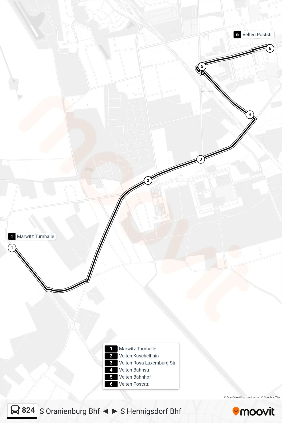 Linie 824 (Bus) Richtung Velten Poststr.: Route und Haltestellen auf der Karte