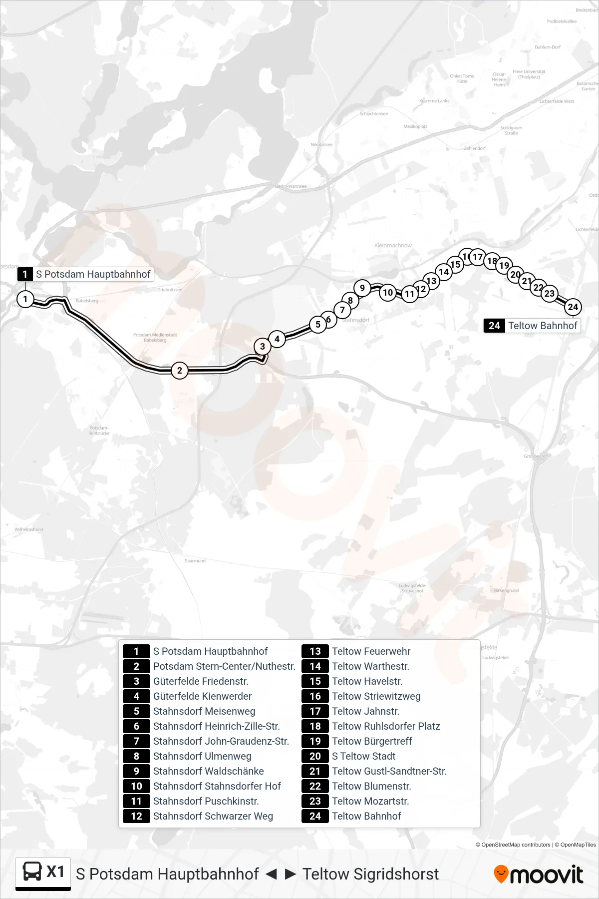 Linie X1 (Bus) Richtung Teltow Bahnhof: Route und Haltestellen auf der Karte