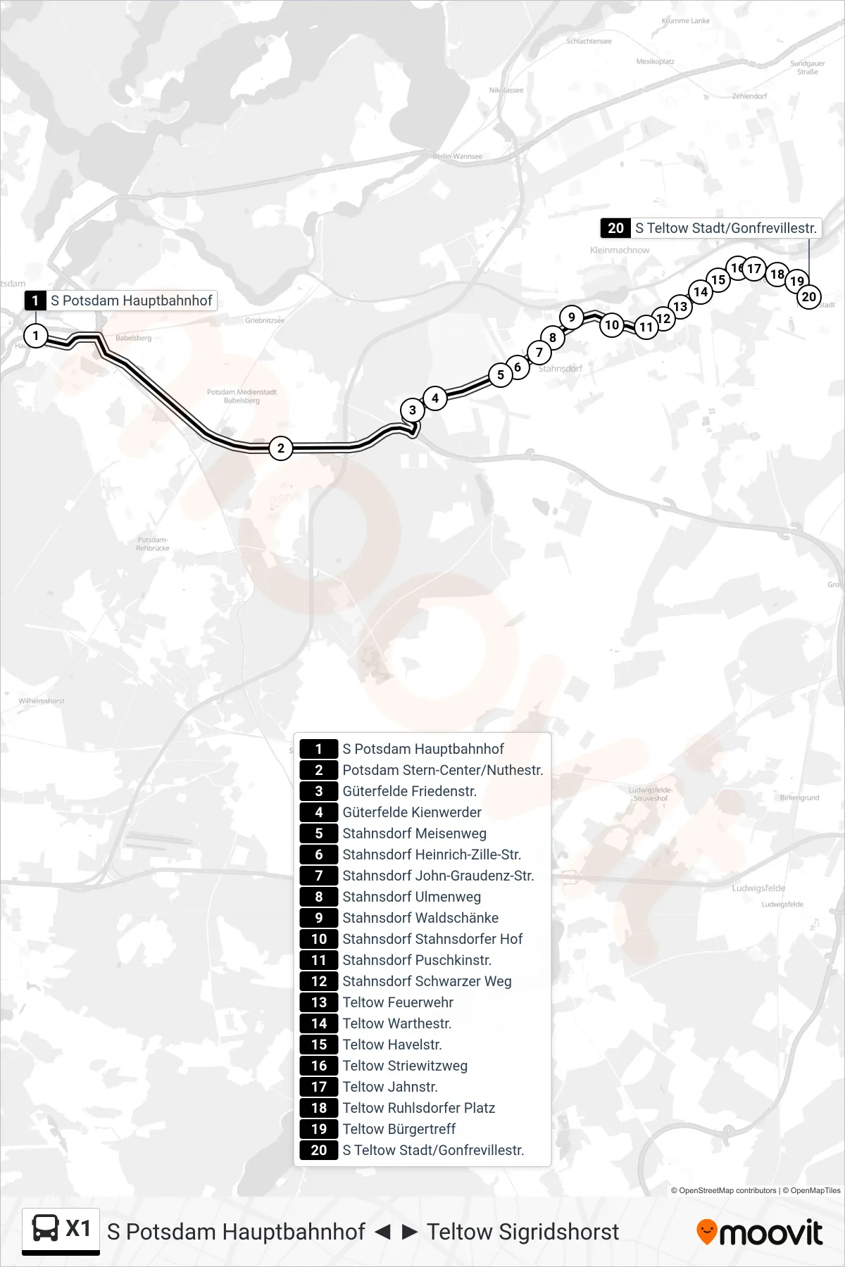 Linie X1 (Bus) Richtung S Teltow Stadt/Gonfrevillestr.: Route und Haltestellen auf der Karte