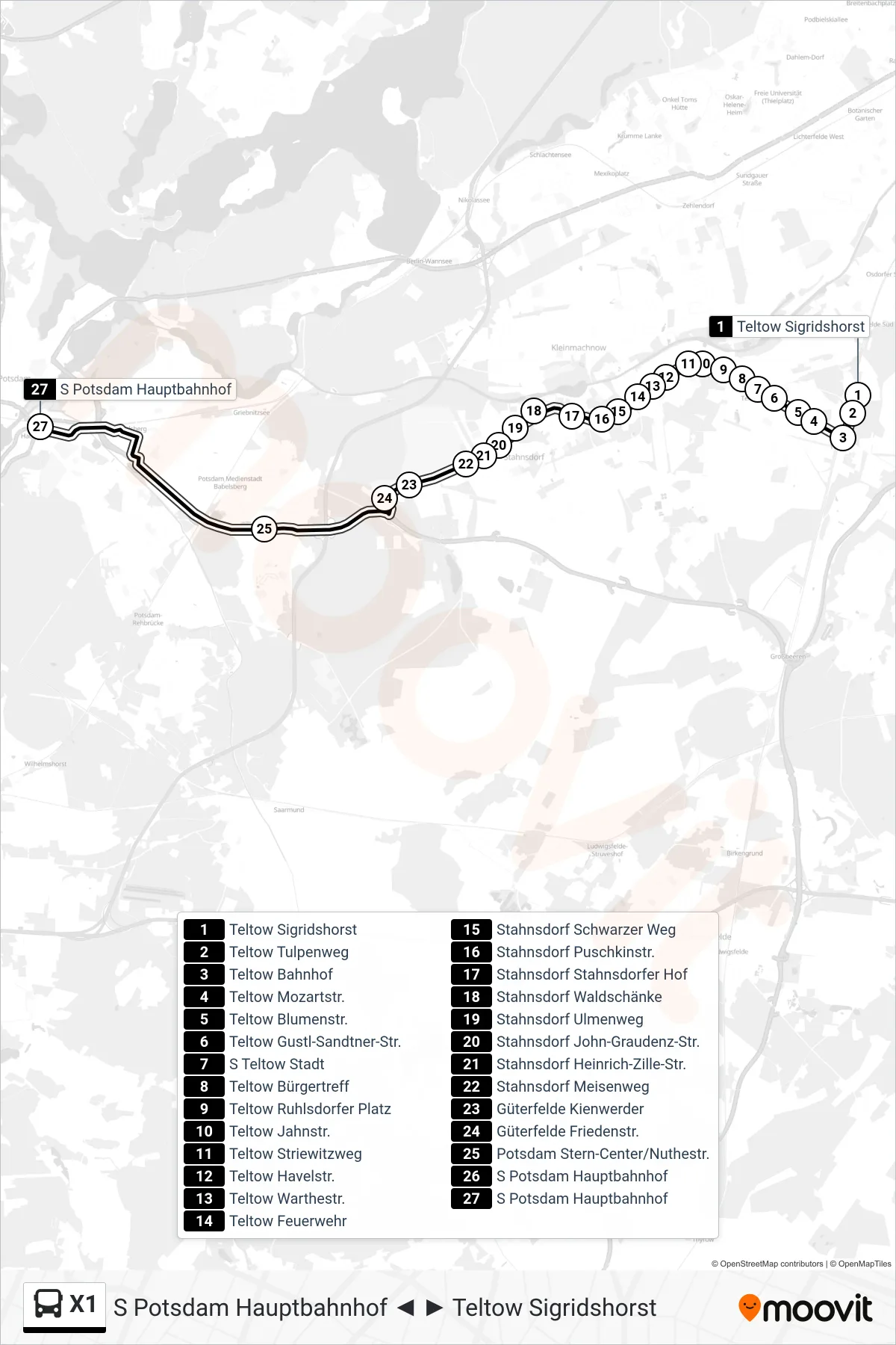 Linie X1 (Bus) Richtung S Potsdam Hauptbahnhof: Route und Haltestellen auf der Karte