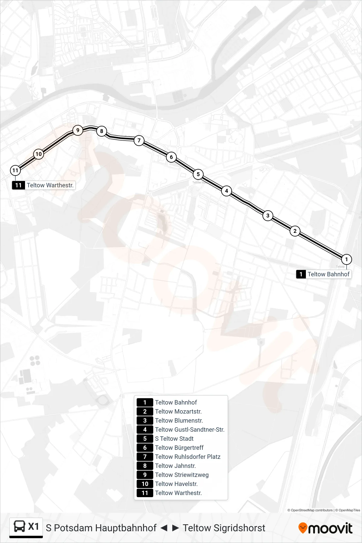 Linie X1 (Bus) Richtung Teltow Warthestr.: Route und Haltestellen auf der Karte
