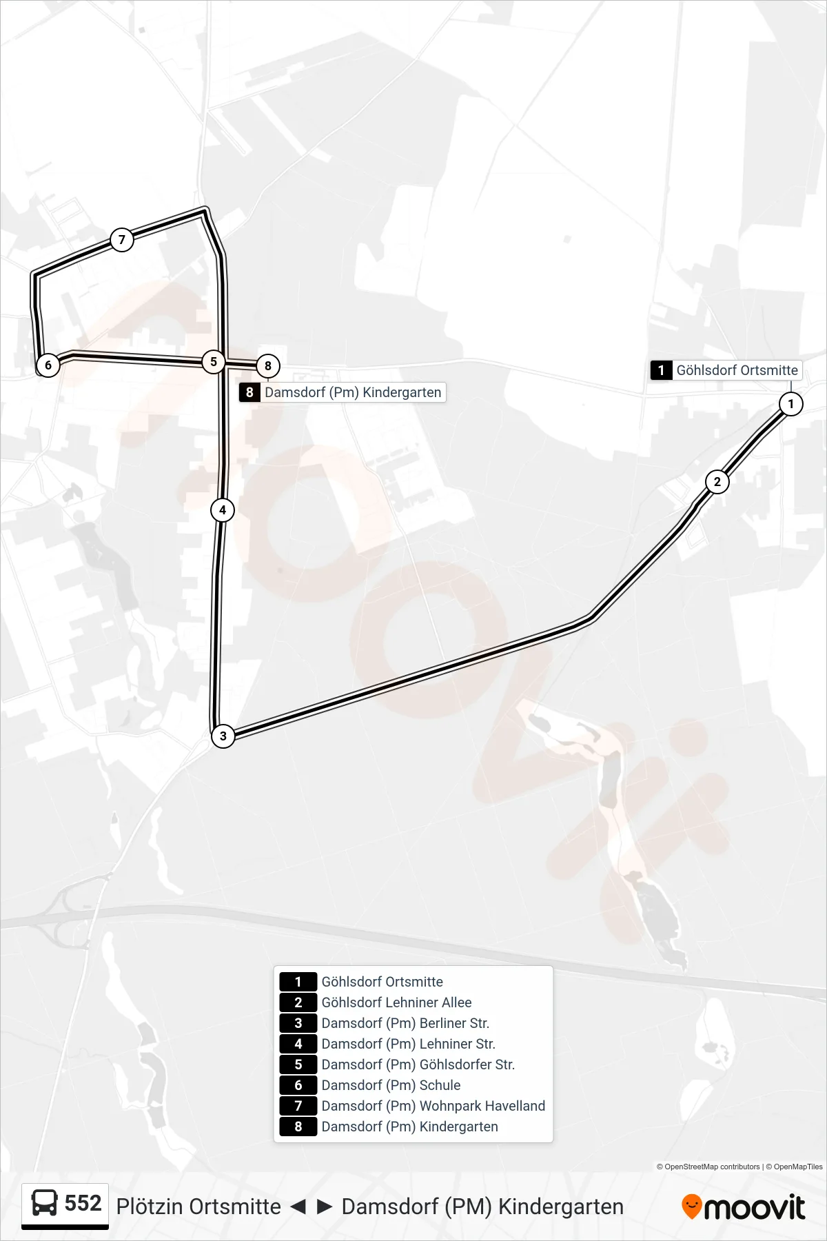 552 bus Line (Damsdorf (Pm) Kindergarten) route and stops on a map