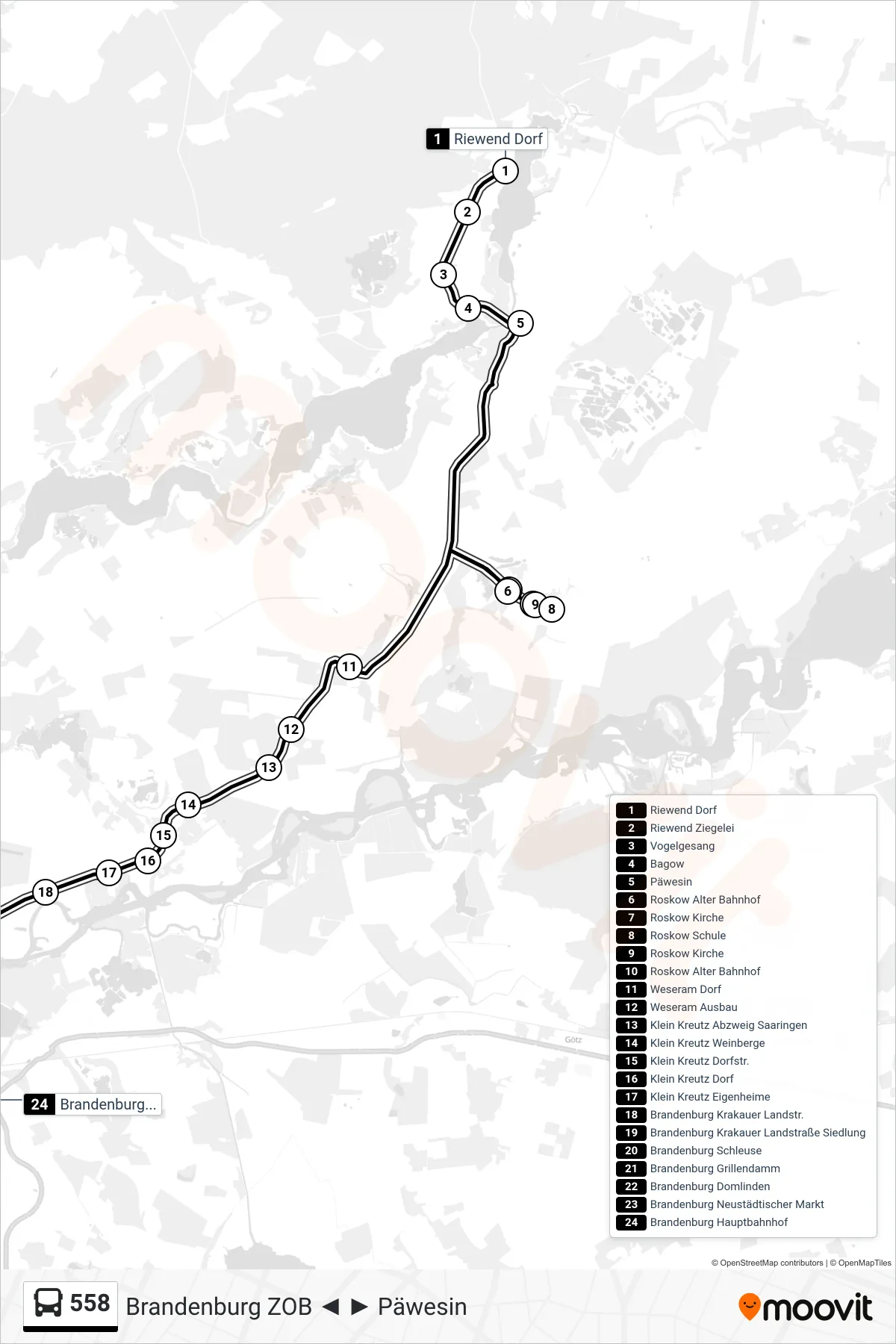 Linie 558 (Bus) Richtung Brandenburg Hauptbahnhof: Route und Haltestellen auf der Karte