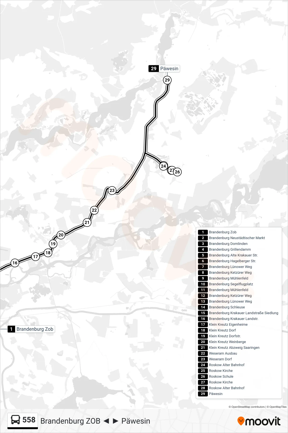 Linie 558 (Bus) Richtung Päwesin: Route und Haltestellen auf der Karte