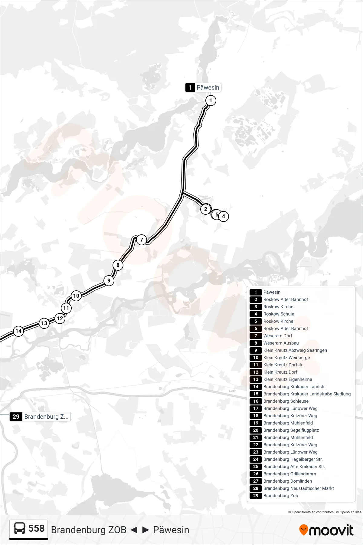 Linie 558 (Bus) Richtung Brandenburg Zob: Route und Haltestellen auf der Karte