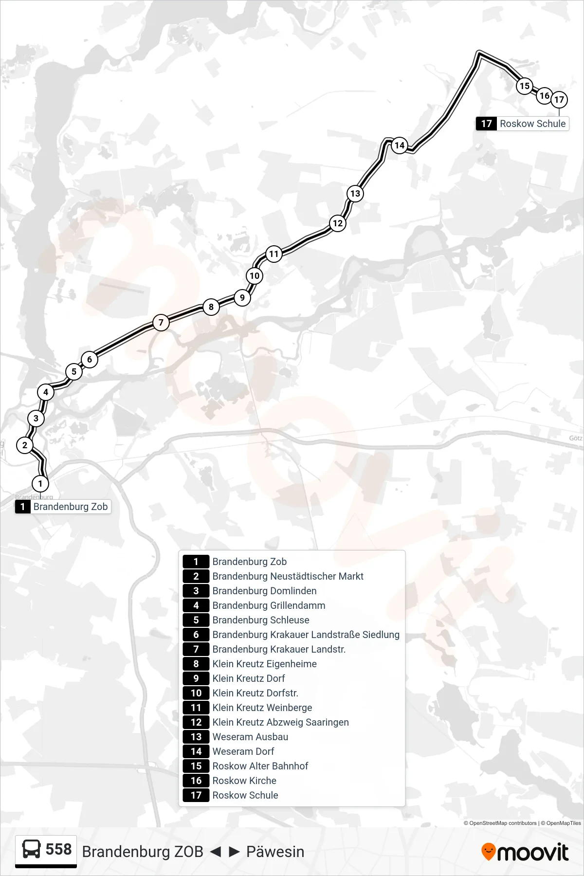 Linie 558 (Bus) Richtung Roskow Schule: Route und Haltestellen auf der Karte