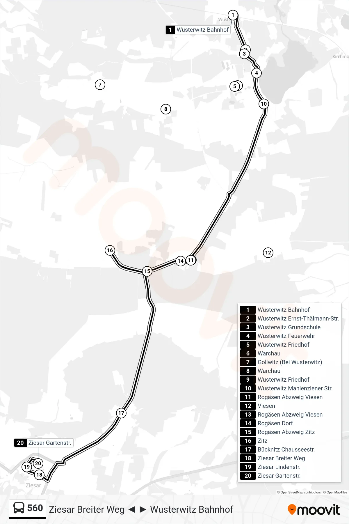 Linie 560 (Bus) Richtung Ziesar Gartenstr.: Route und Haltestellen auf der Karte
