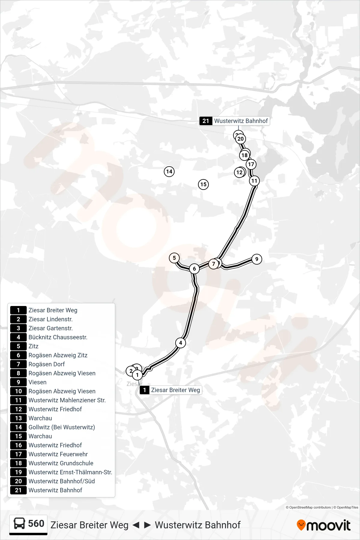 Linie 560 (Bus) Richtung Wusterwitz Bahnhof: Route und Haltestellen auf der Karte