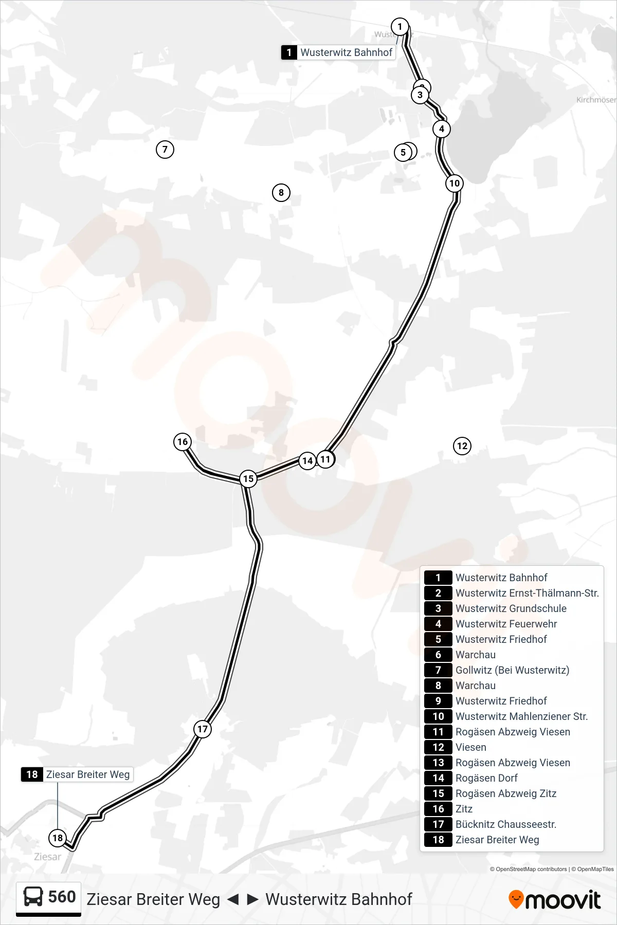 560 bus Line (Ziesar Breiter Weg) route and stops on a map