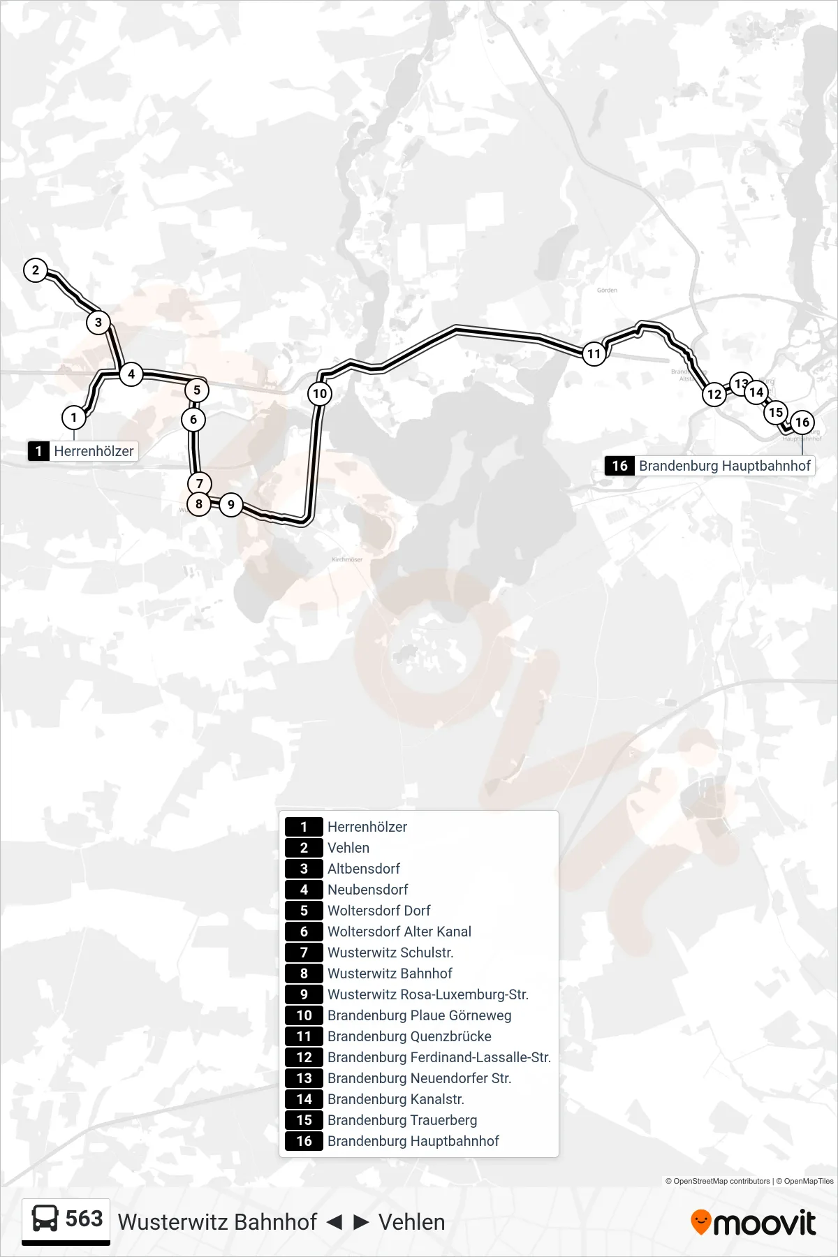 Linie 563 (Bus) Richtung Brandenburg Hauptbahnhof: Route und Haltestellen auf der Karte