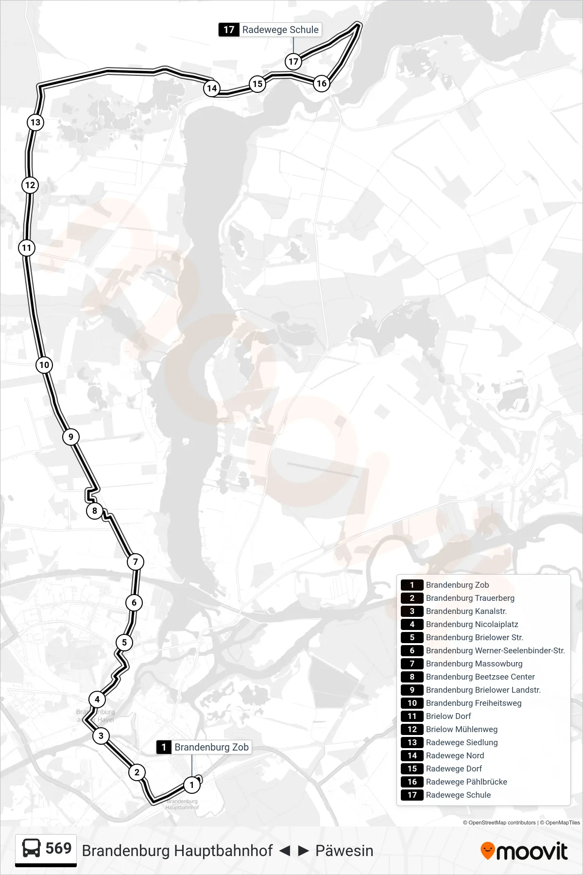 569 bus Line (Radewege Schule) route and stops on a map