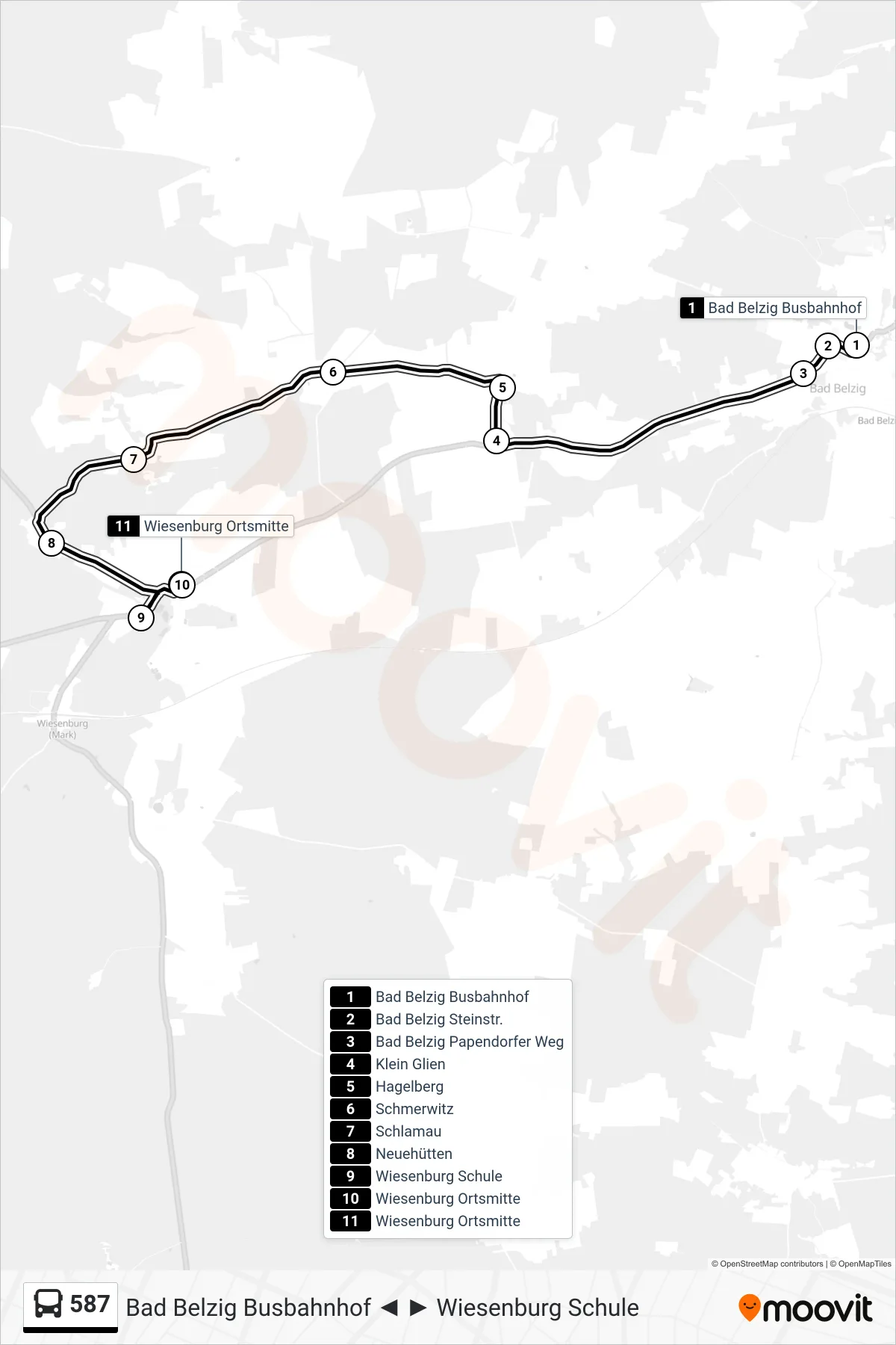 Linie 587 (Bus) Richtung Wiesenburg Ortsmitte: Route und Haltestellen auf der Karte