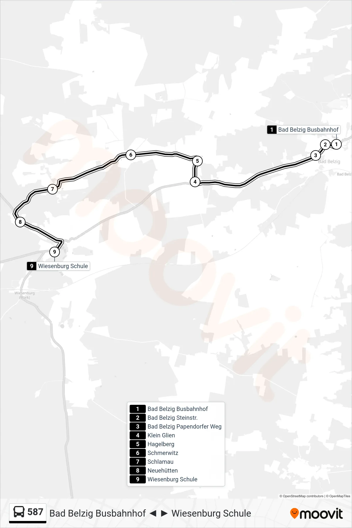 Linie 587 (Bus) Richtung Wiesenburg Schule: Route und Haltestellen auf der Karte
