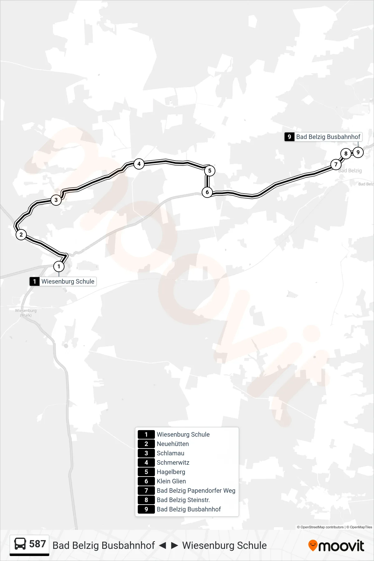 Linie 587 (Bus) Richtung Bad Belzig Busbahnhof: Route und Haltestellen auf der Karte