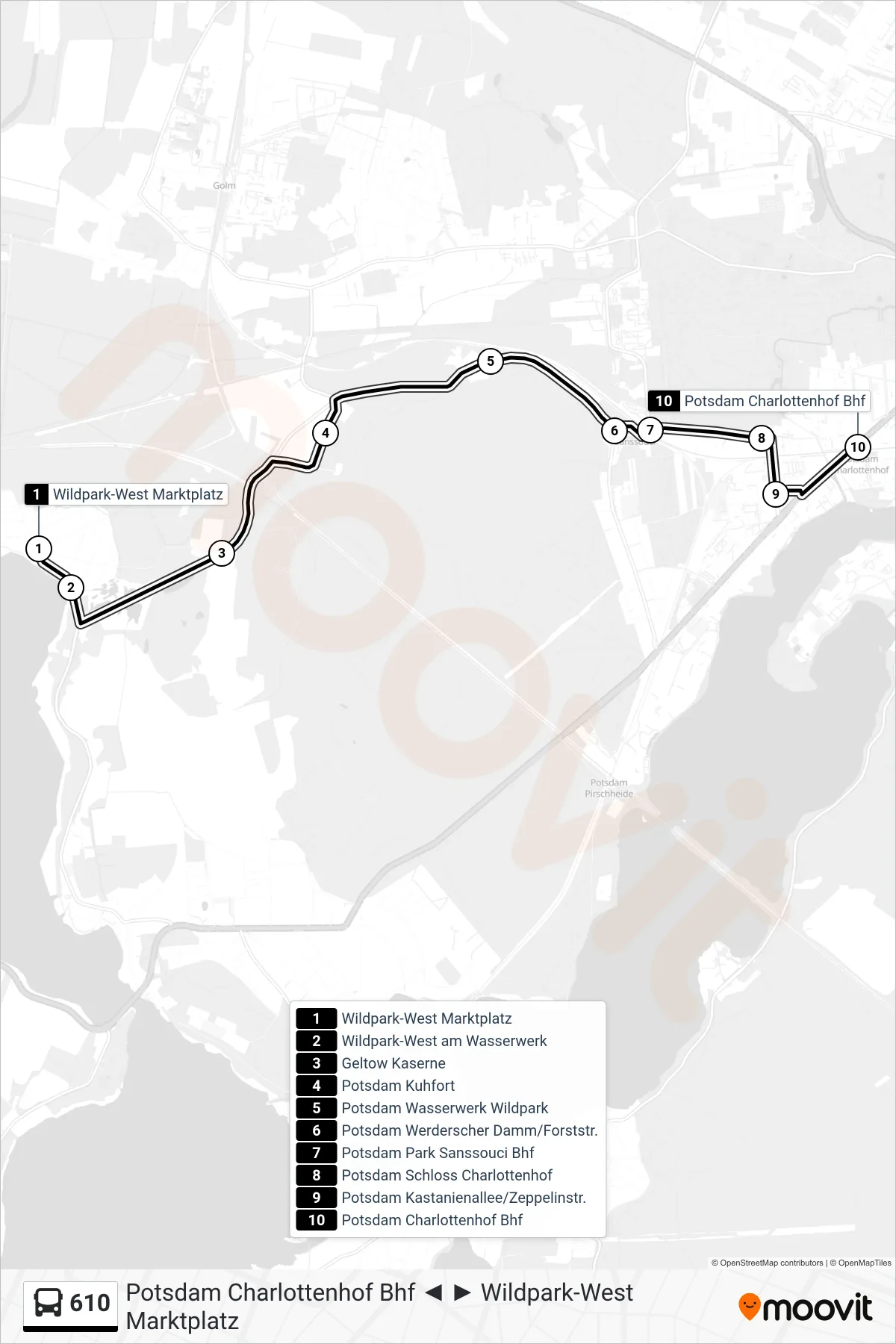 610 bus Line (Potsdam Charlottenhof Bhf) route and stops on a map