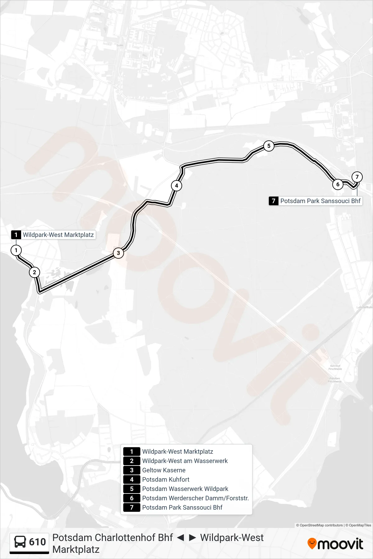 Linie 610 (Bus) Richtung Potsdam Park Sanssouci Bhf: Route und Haltestellen auf der Karte