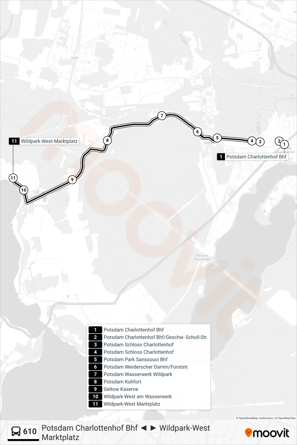 Linie 610 (Bus) Richtung Wildpark-West Marktplatz: Route und Haltestellen auf der Karte
