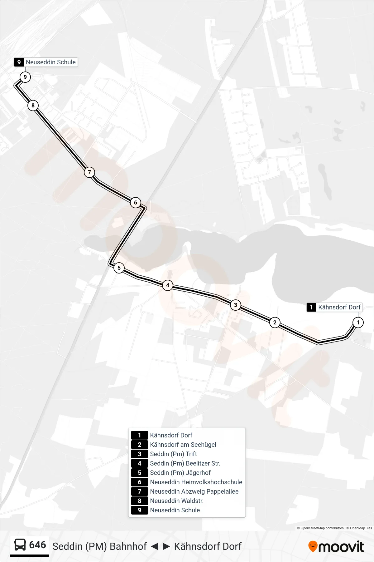 646 bus Line (Neuseddin Schule) route and stops on a map