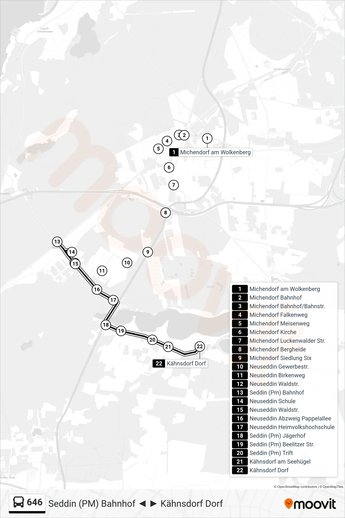 646 bus Line (Kähnsdorf Dorf) route and stops on a map