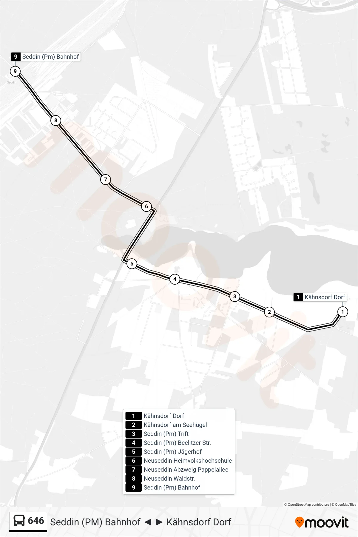 646 bus Line (Seddin (Pm) Bahnhof) route and stops on a map