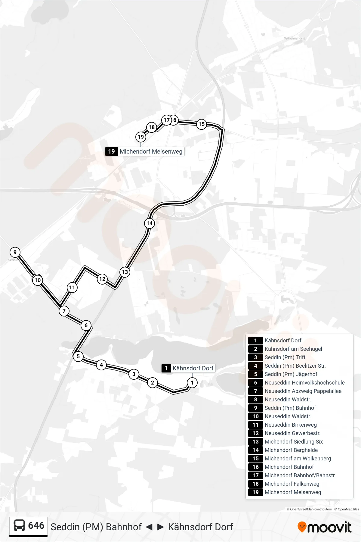 Linie 646 (Bus) Richtung Michendorf Meisenweg: Route und Haltestellen auf der Karte